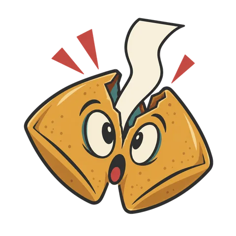 Bummah cracked in two with a fortune slip bursting out, looking surprised.