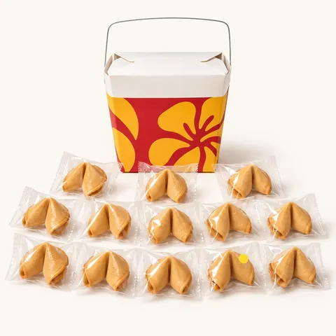 Concept art of “The Unlucky 13”: a takeout pail with a red and yellow floral print beside 13 wrapped fortune cookies, one marked with a yellow dot. The real pail is plain white.